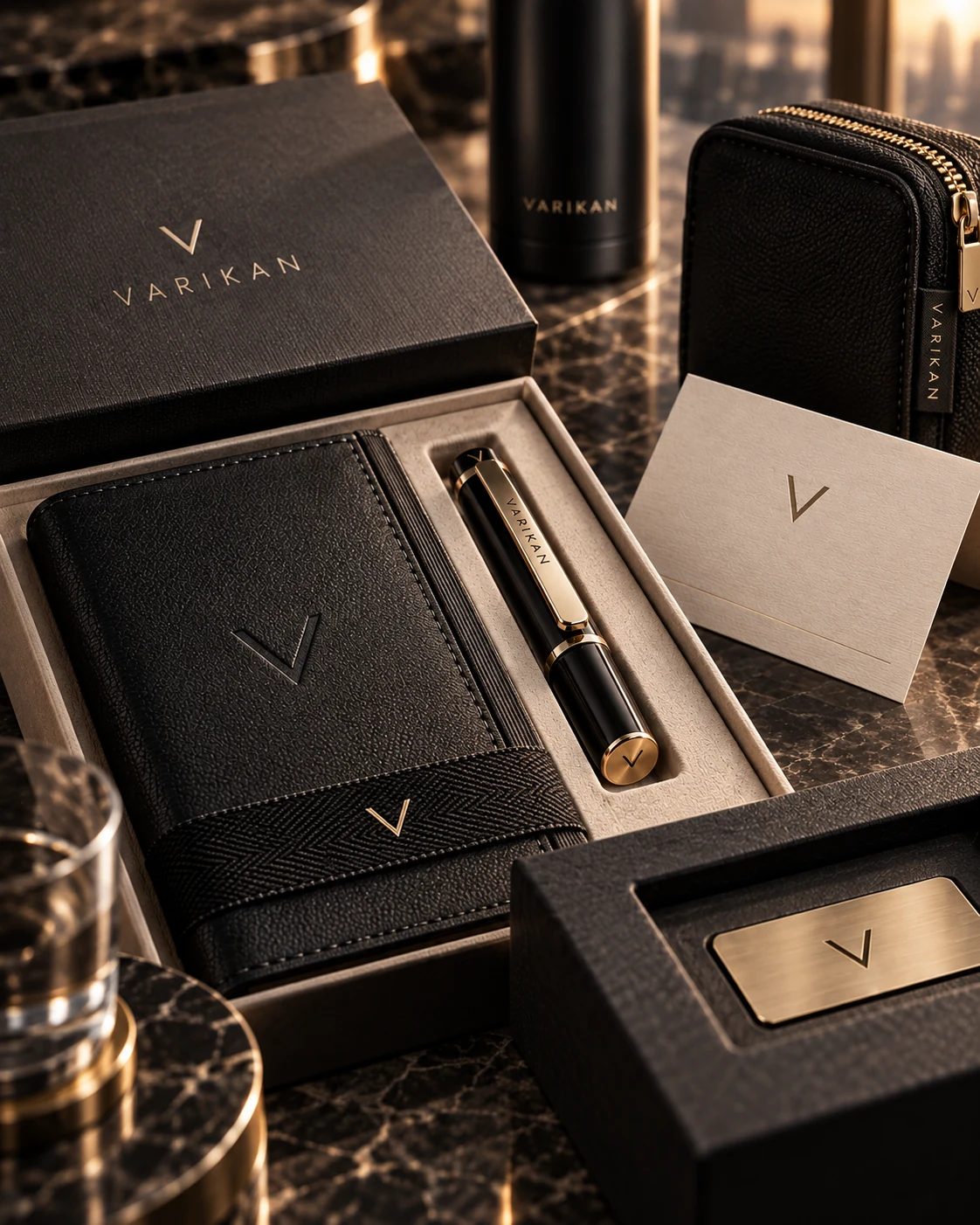 Close-up VARIKAN concept showing premium leather, metal, paper and packaging details